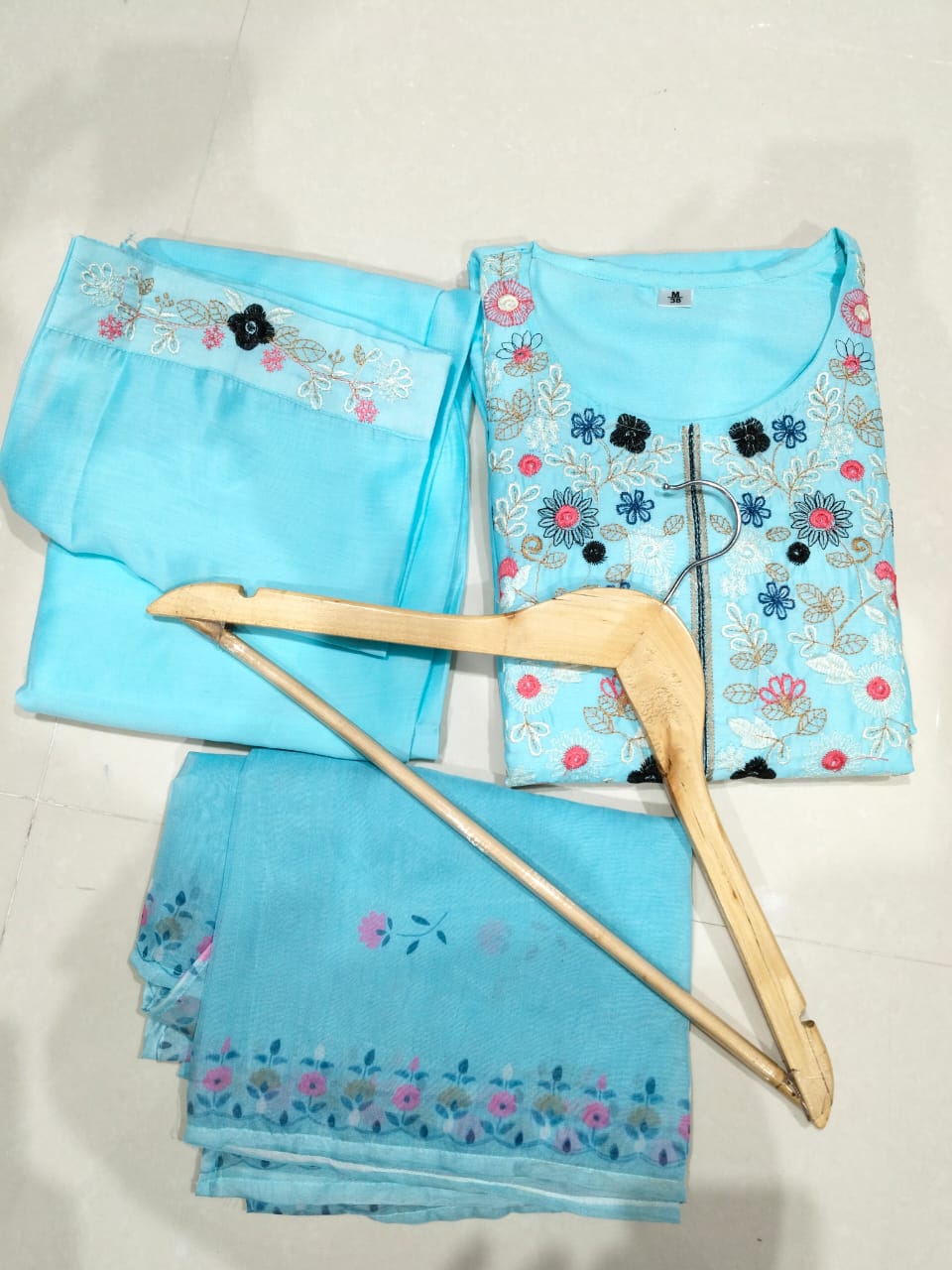 Bandani Beautiful Sky Blue Embroidered Yoke Pure Chanderi Silk Suit Set