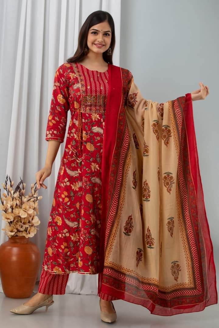 Anika Stunning Red Zari Sequins & Mirror Work Pure Cotton Anarkali with Pant and Dupatta