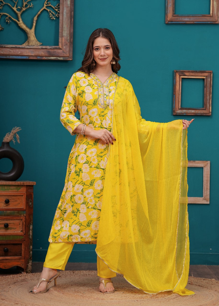 Akshara Beautiful Yellow Floral Embroidery & Print Heavy Rayon Kurta Pant with Dupatta