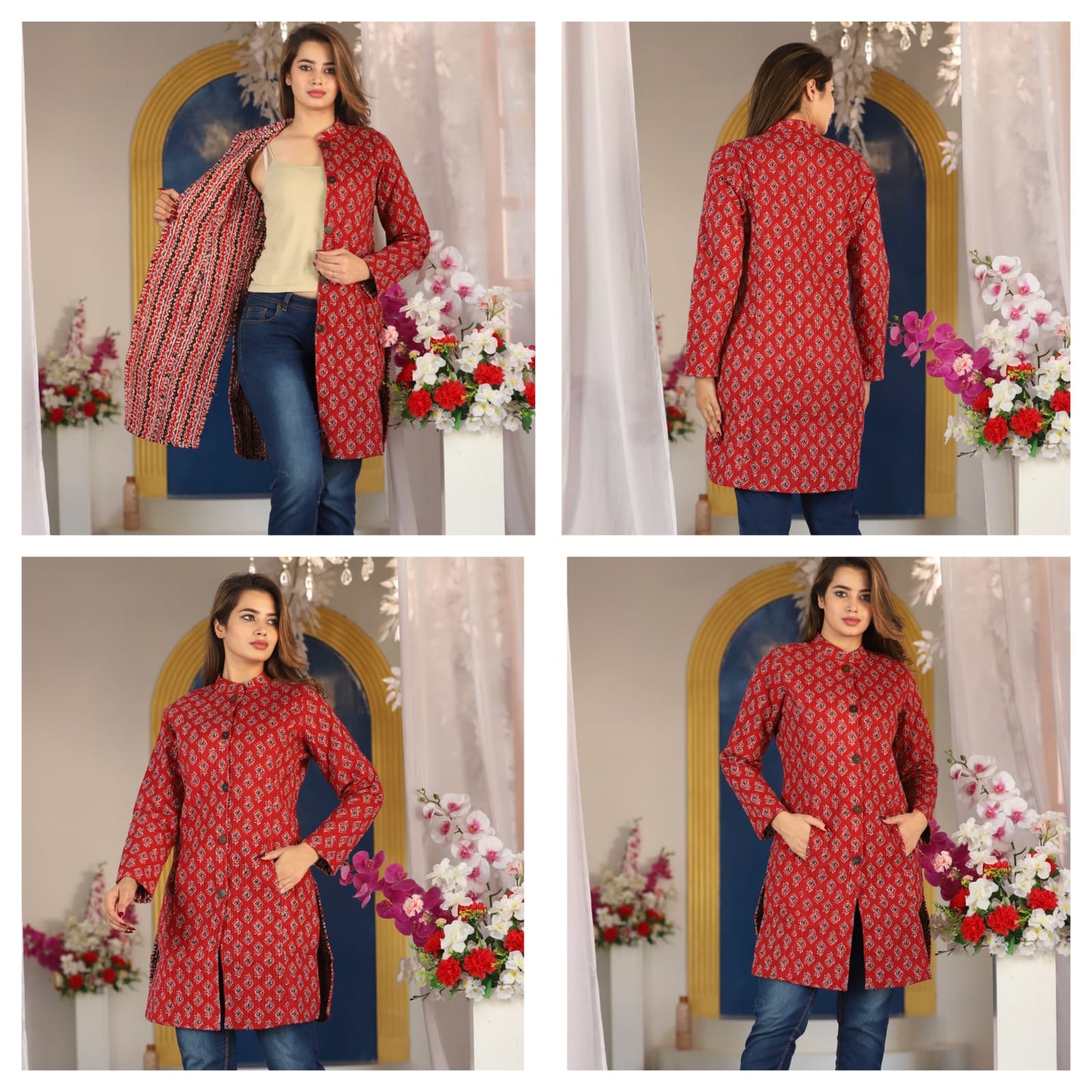 Reversible Cotton Printed Quilted Maroon Jacket for Women & Girls