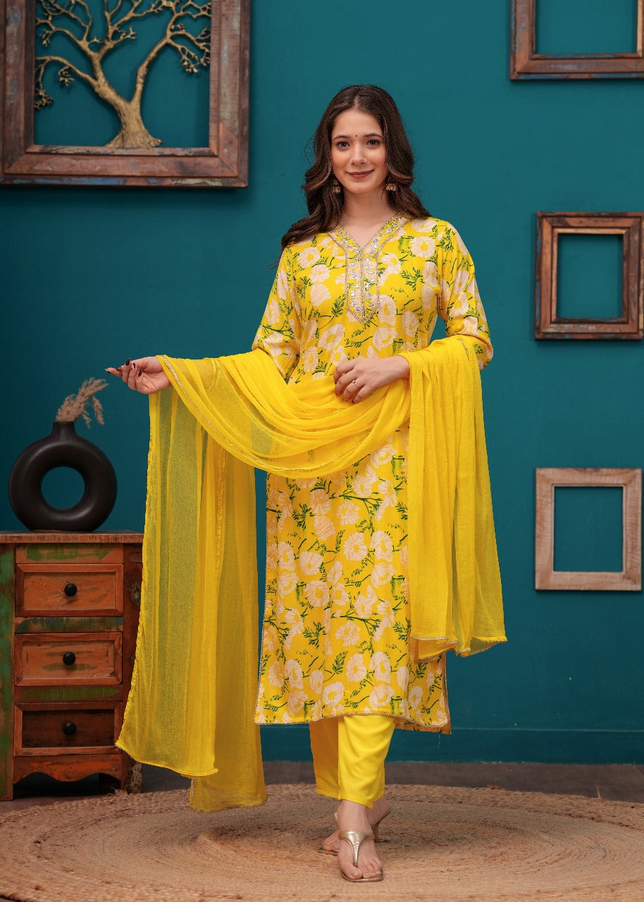 Akshara Beautiful Yellow Floral Embroidery & Print Heavy Rayon Kurta Pant with Dupatta