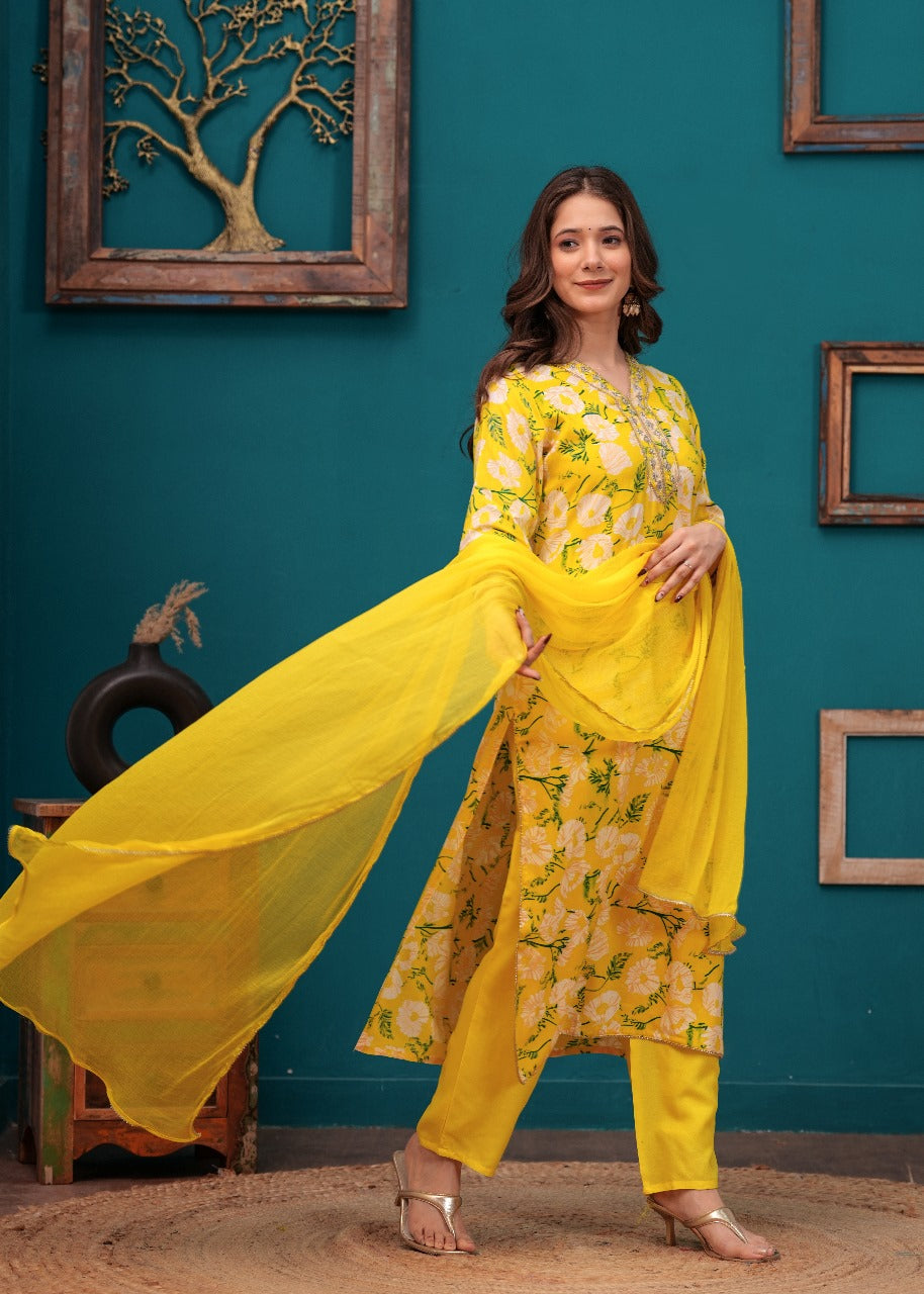 Akshara Beautiful Yellow Floral Embroidery & Print Heavy Rayon Kurta Pant with Dupatta