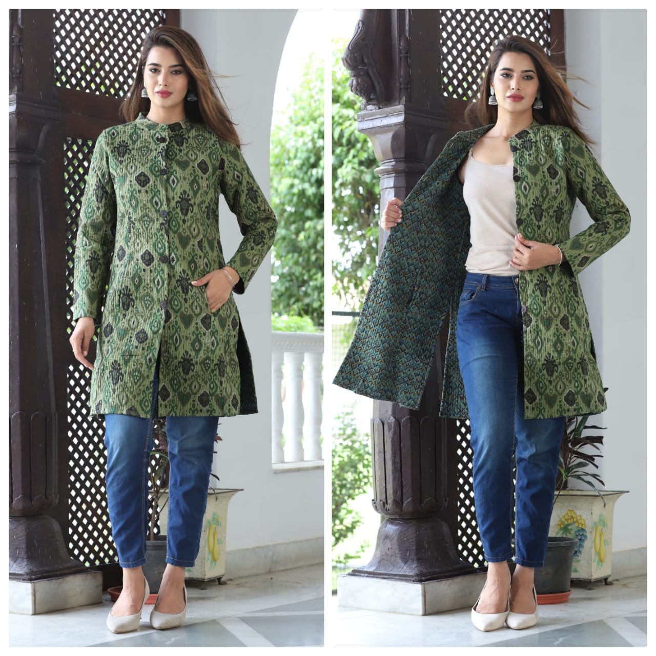 Reversible Cotton Printed Quilted Green Jacket for Women & Girls