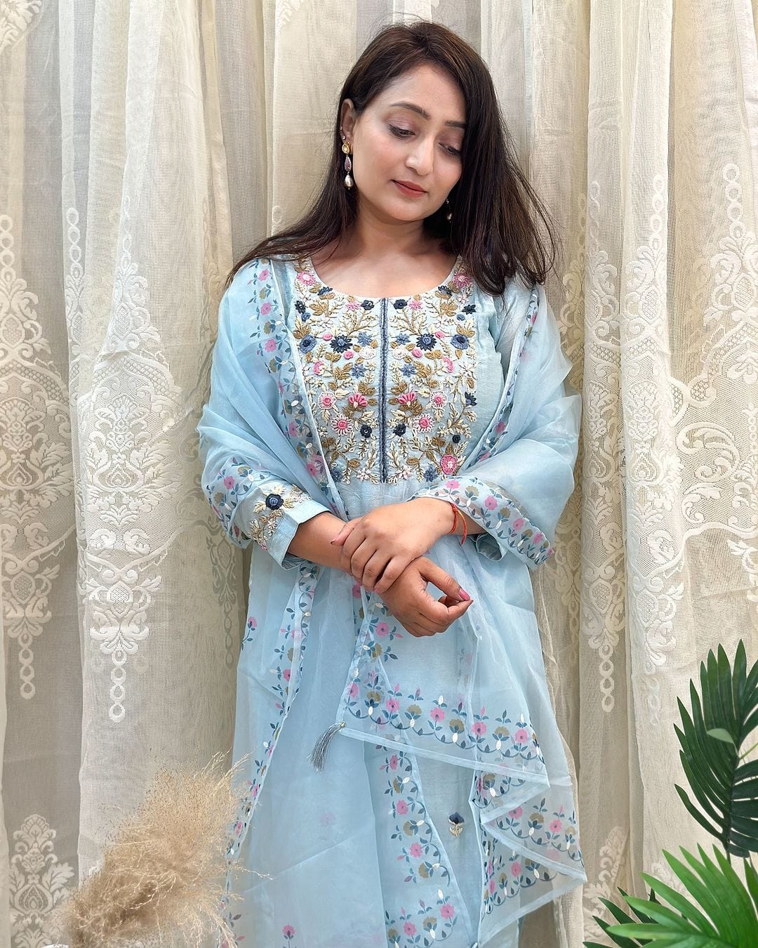 Bandani Beautiful Sky Blue Embroidered Yoke Pure Chanderi Silk Suit Set