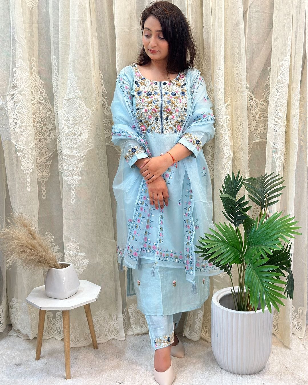 Bandani Beautiful Sky Blue Embroidered Yoke Pure Chanderi Silk Suit Set