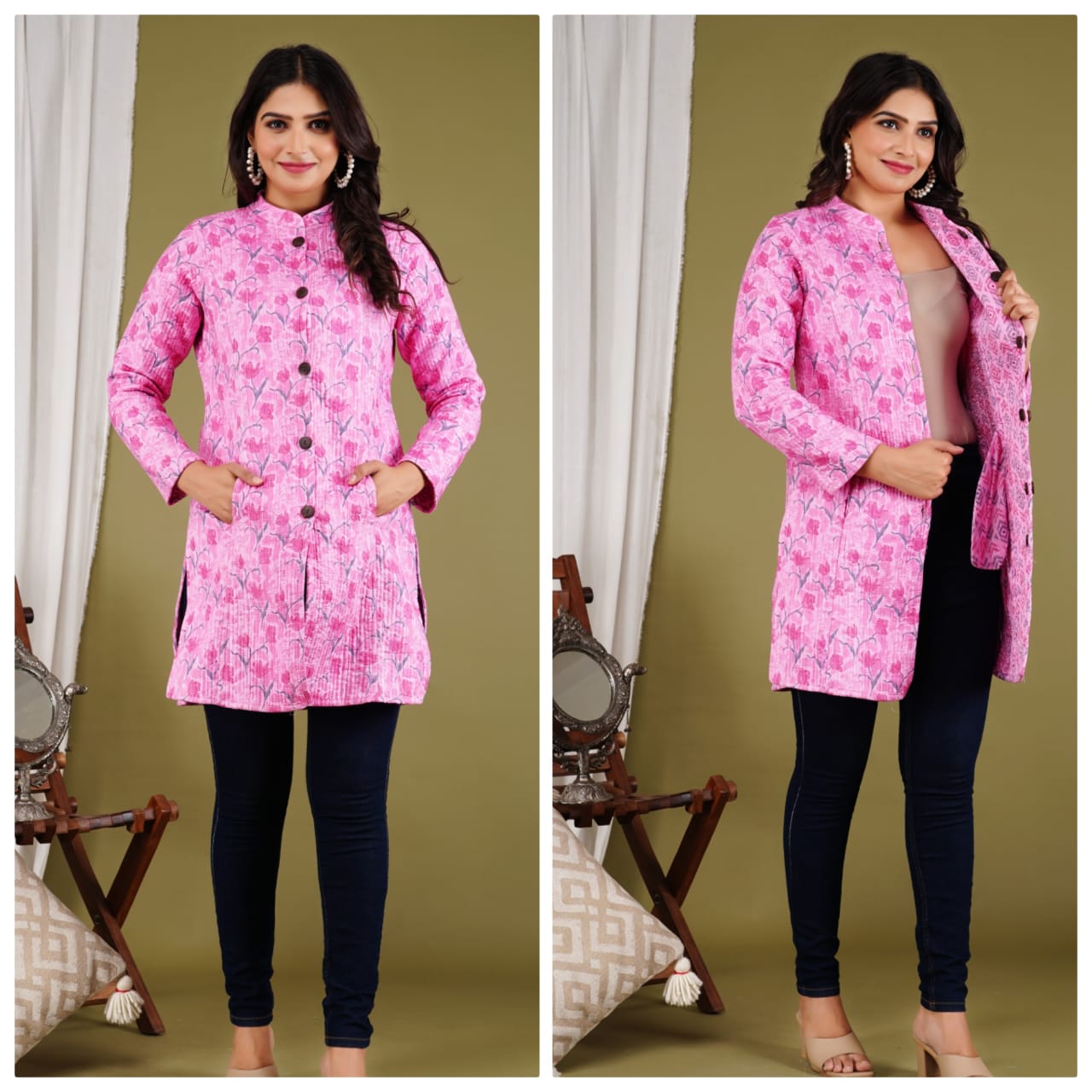 Reversible Cotton Printed Quilted Pink Jacket for Women & Girls