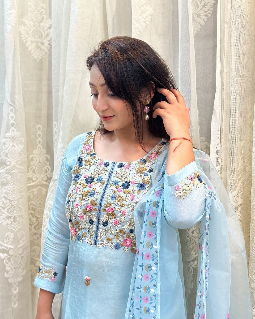 Bandani Beautiful Sky Blue Embroidered Yoke Pure Chanderi Silk Suit Set