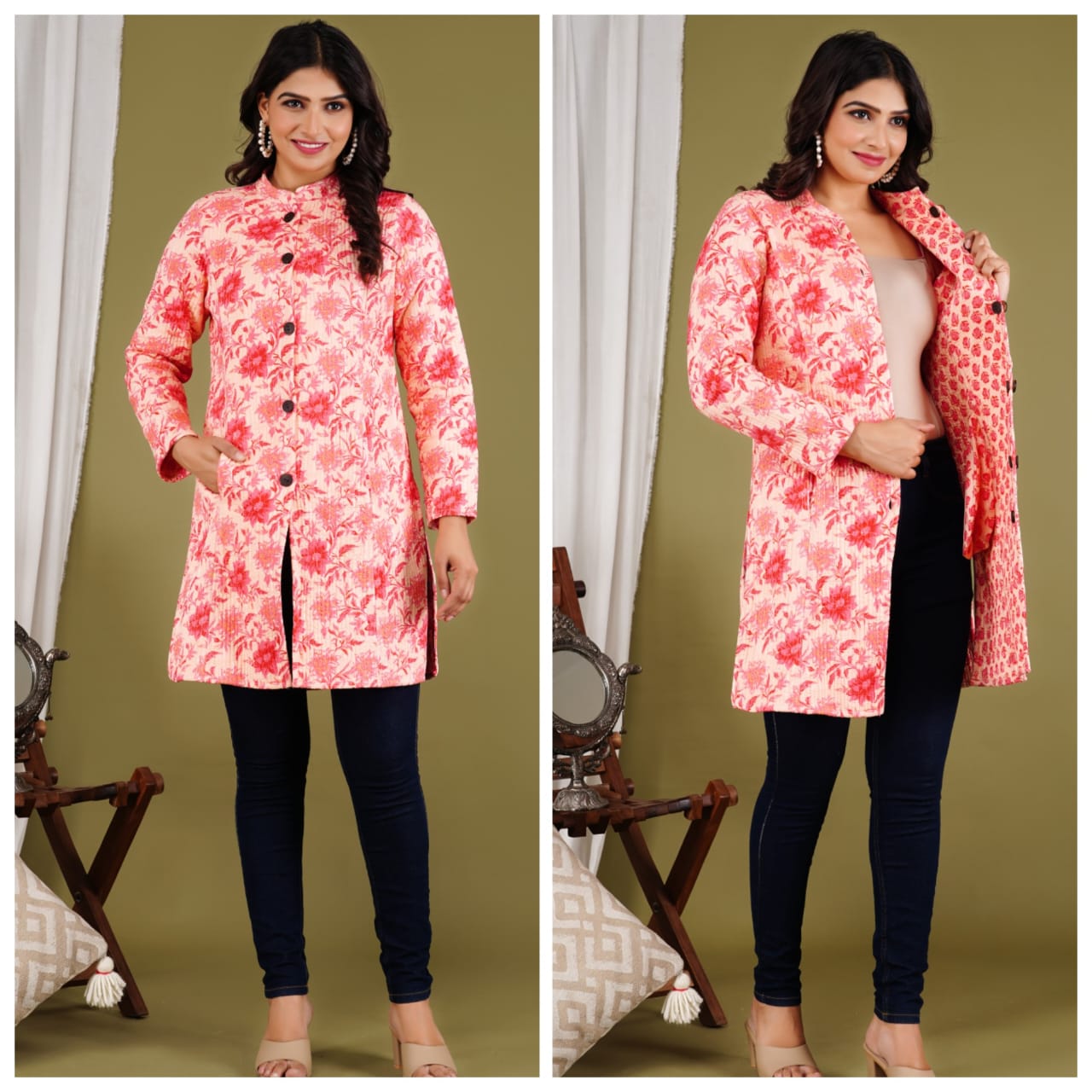 Reversible Cotton Printed Quilted Pink Jacket for Women & Girls