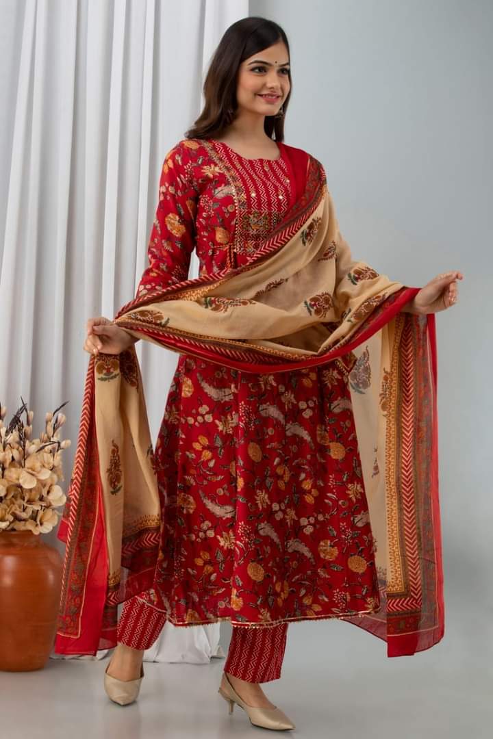 Anika Stunning Red Zari Sequins & Mirror Work Pure Cotton Anarkali with Pant and Dupatta