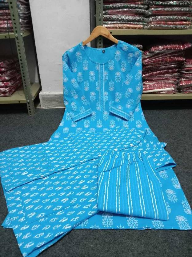 Priyali Stunning Sky Blue Cotton Printed Long Kurti With Pant And Jacket Set